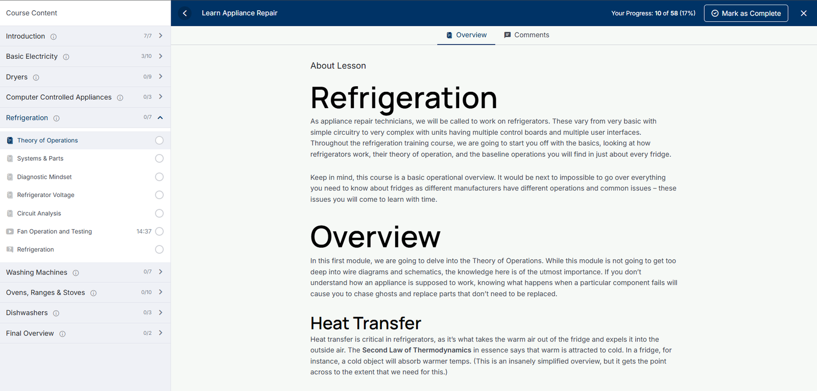 Online appliance repair training program