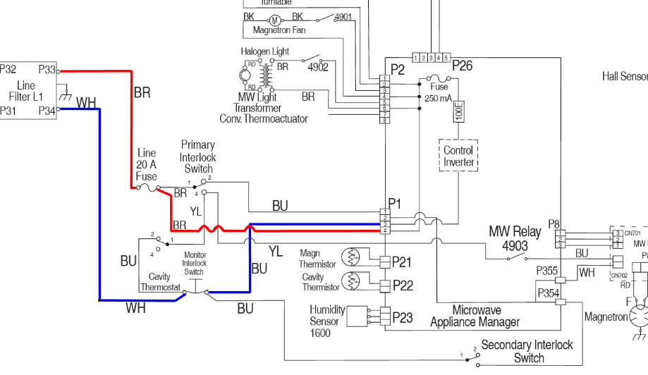 KitchenAid microwave F6E8 error code wiring diagram showing 120V path to AM Board